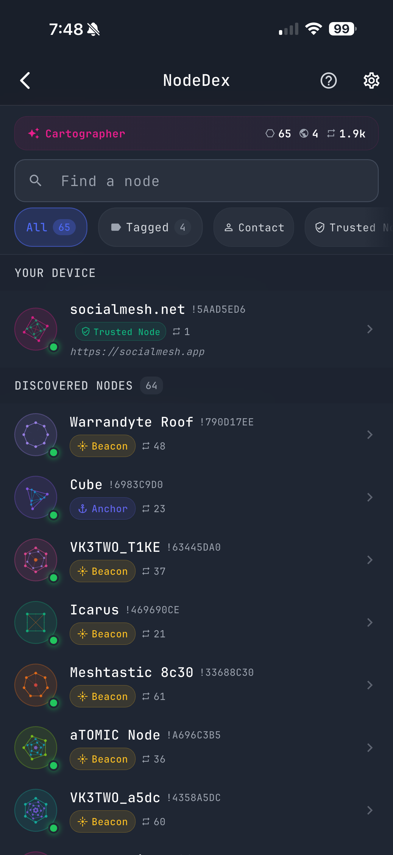 NodeDex main screen